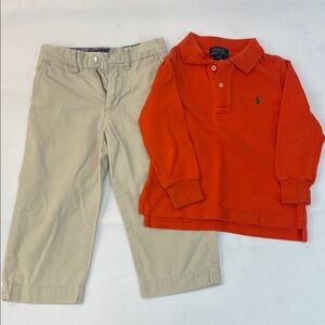 Polo by Ralph Lauren Orange Long-Sleeve Polo with Green Pony and pants size 2T